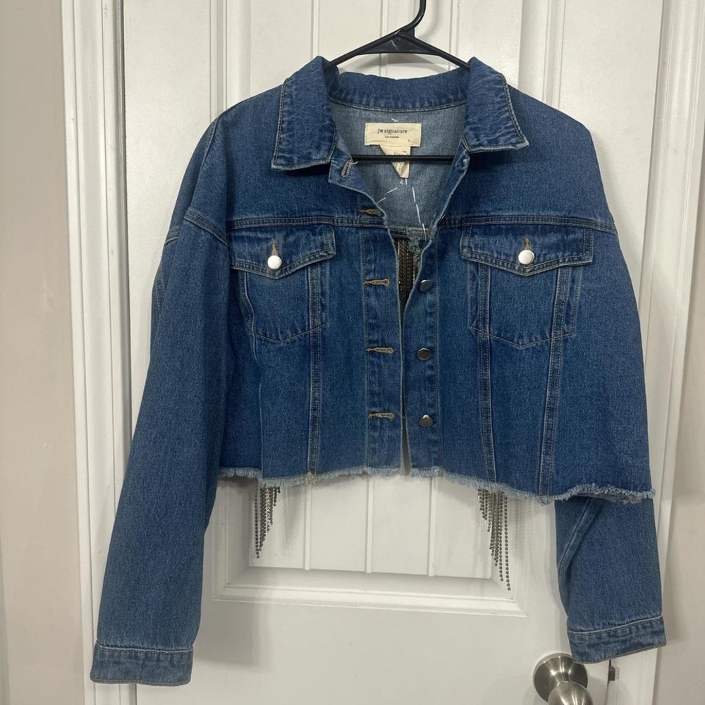One of a kind statement cropped upcycled western disco denim jacket. Large - Picture 2 of 8